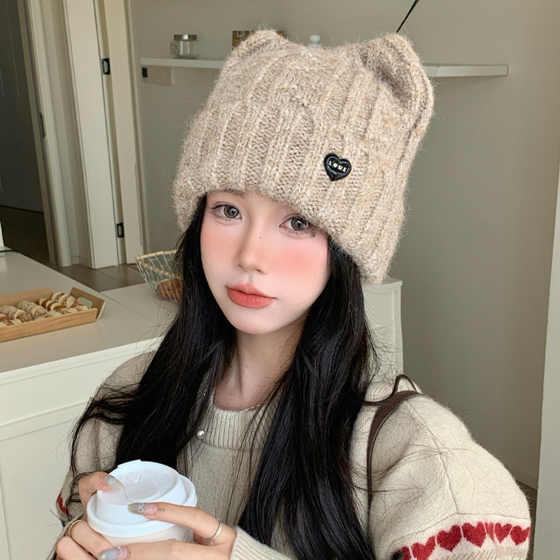 日系猫耳甜美可爱包头帽秋冬季帽子女大头围显脸小百搭针织毛线帽|undefined