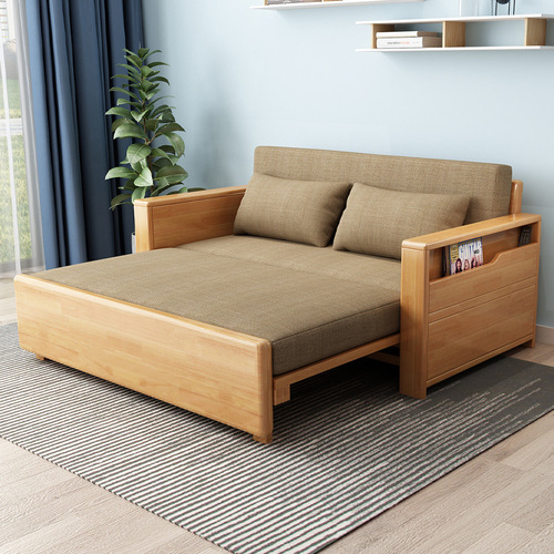 全实木两用沙发床现代客厅推拉沙发椅多功能懒人午休可折叠伸缩床