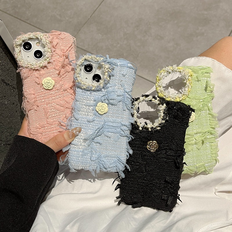 Suitable for iPhone 15 ProMax case, Apple 14 small fragrant camellia plush phone protective case_voghion.com