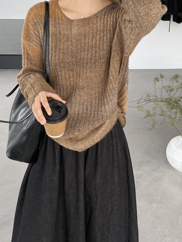江左 彩虹渐变针织衫美式街头变色喇叭长袖甜酷宽松慵懒毛衣 0679|undefined