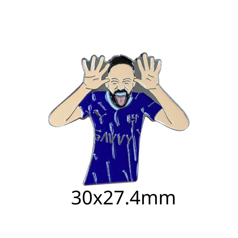 Fabricante personalizado Champions League World Cup Football Super Star Metal Insignia Imagen de dibujos animados Etiqueta del teléfono móvil Insignia Regalo