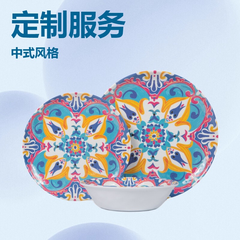 Bamboo Fiber Wood Grain Melamine Tableware Set Salad Plate Bowl Elegant Fruit Plate Light Luxury Plate