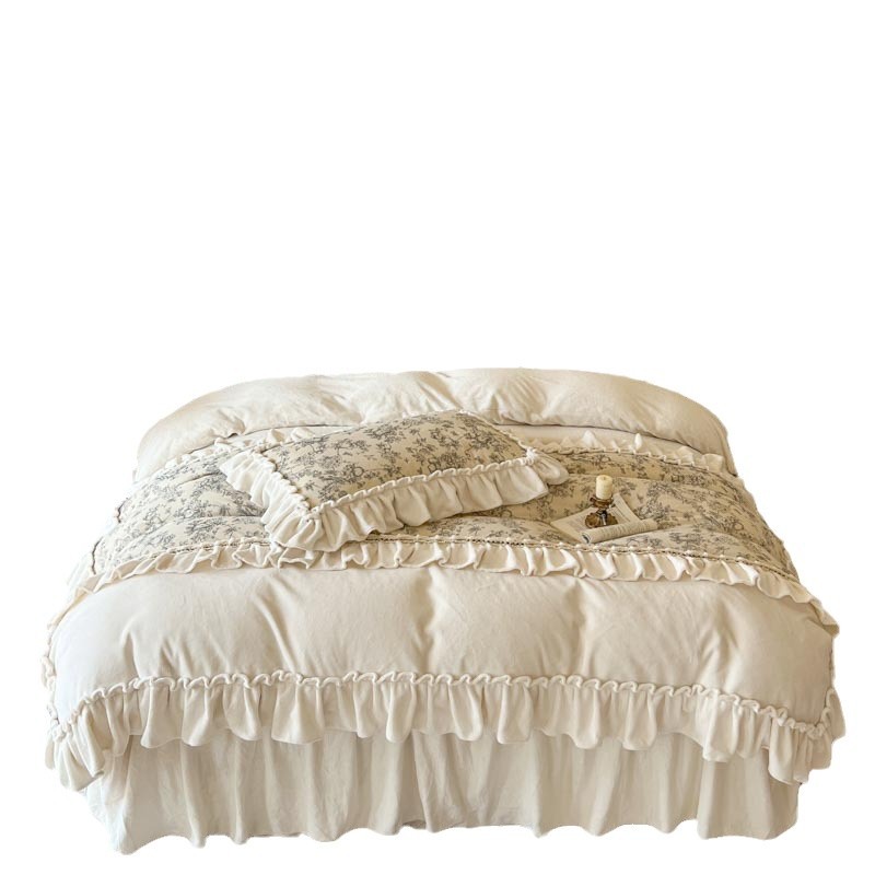 Nordic French Vintage Boho French-style Vintage Winter Thickened Milk Four-piece Set, Princess-style Double-sided Plush Lace Duvet Cover And Coral_voghion.com