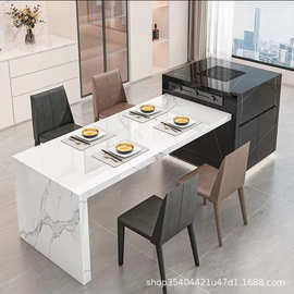 现代极简全岩板岛台餐桌一体可伸缩定制操作茶吧台两用小户型