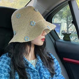 日系小清新蓝色小花草帽女夏季沙滩出游可折叠便携防晒百搭遮阳帽