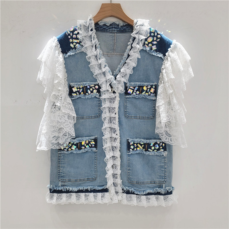 Diseño pesado diamante de cuello V chaleco denim de verano nuevo encaje suelto chaqueta sin mangas de lótus