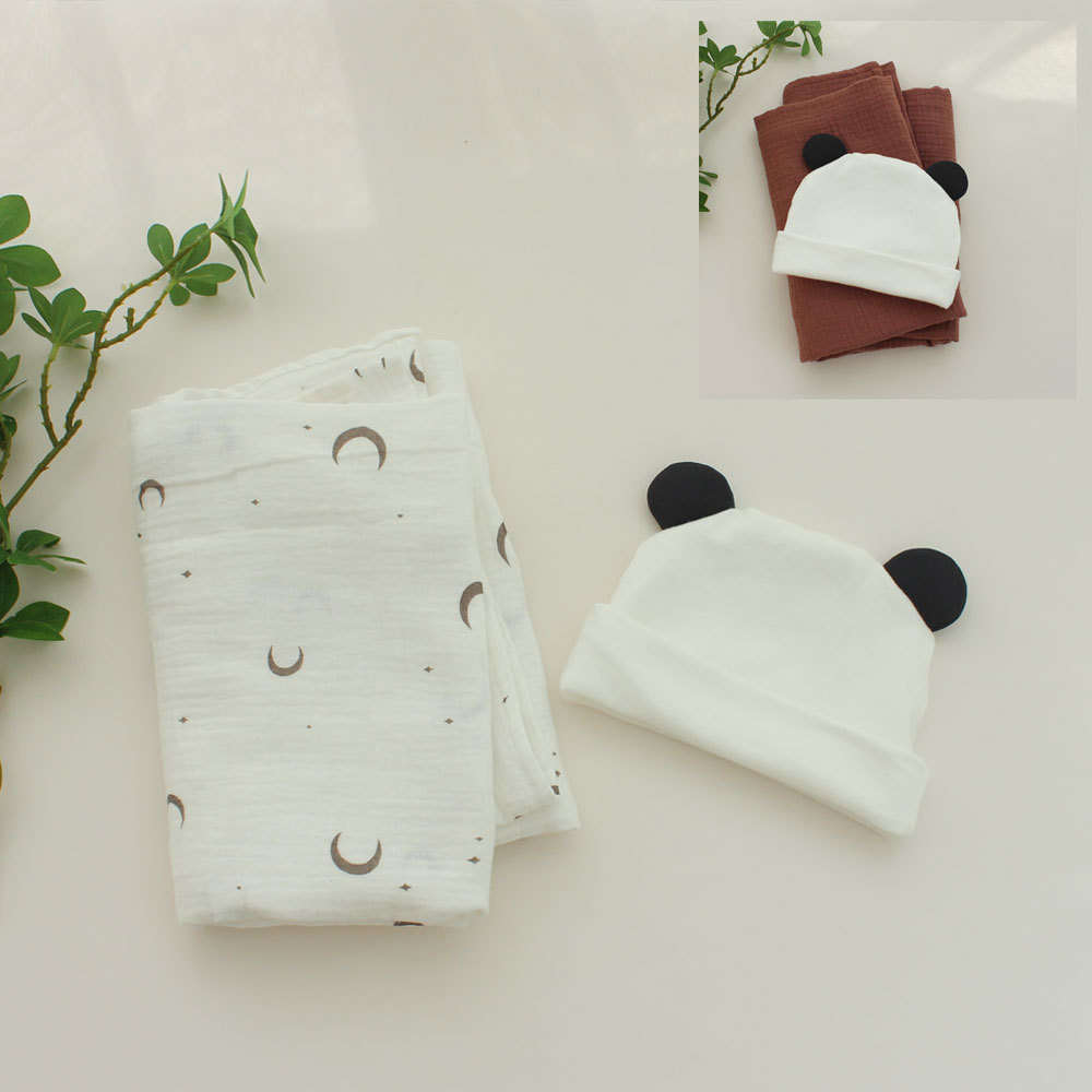 Ins Newborn Baby Wrapping Towel Hat Baby Cotton Double Gauze Swaddling Towel Bath Towel Four Seasons Quilt