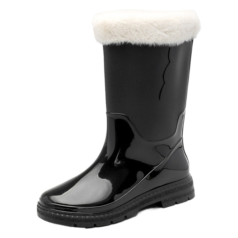 Otoño e invierno de algodón cálido medio tubo alto zapatos de agua de lluvia Zapatos cocina zapatos de goma impermeables mujeres moda botas forradas de lana image 1