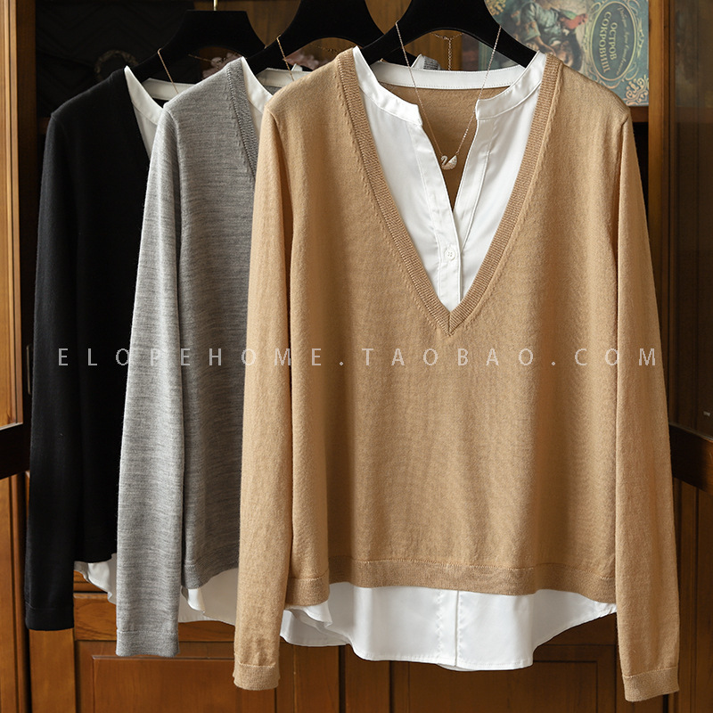 Q goods! Love at First Sight ~ 10 People 9 love! Goddess elegant all-match V-neck fake two-piece stitching contrast color sweater for women Q goods! Love at First Sight ~ 10 People 9 love! Goddess elegant all-match V-neck fake two-piece stitching contrast color sweater for women