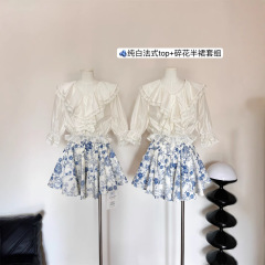 純白フレンチtop花柄ハーフスカートセット