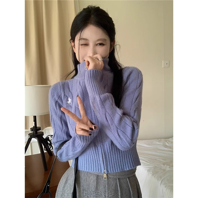 Embroidered stand collar knitted sweater for women autumn and winter Korean style 2023 new slim fit fashionable short double zipper cardigan