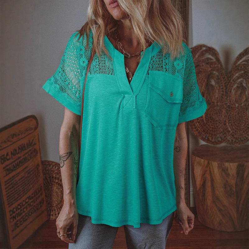 Shiying European and American Cross-Border Loose Casual Splicing Lace Short-Sleeved Shirt Spring and Summer New V Neck Pullover for Women