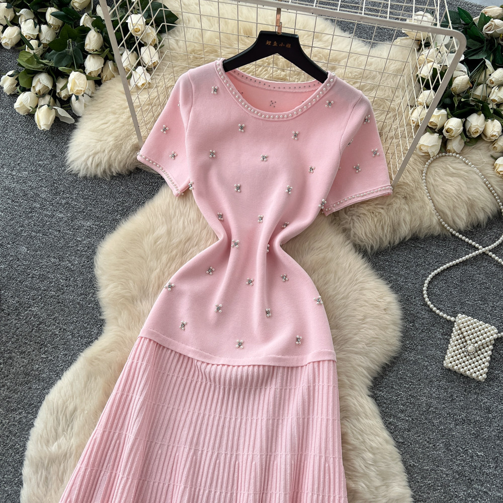 Women's French Style Beaded Short Sleeved Dress Summer Gentle Feminine High Waisted A-Line Skirt Slimming Flattering for Commuting_ecoleips.com