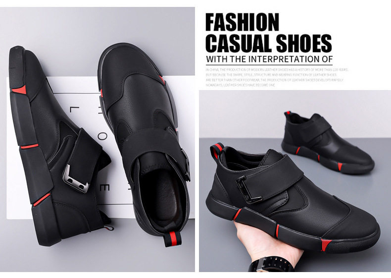 Giày lười nam da PU mũi tròn khóa Velcro chống trượt, đế cao 3 cm — Kaki, Màu đen chi tiết 20