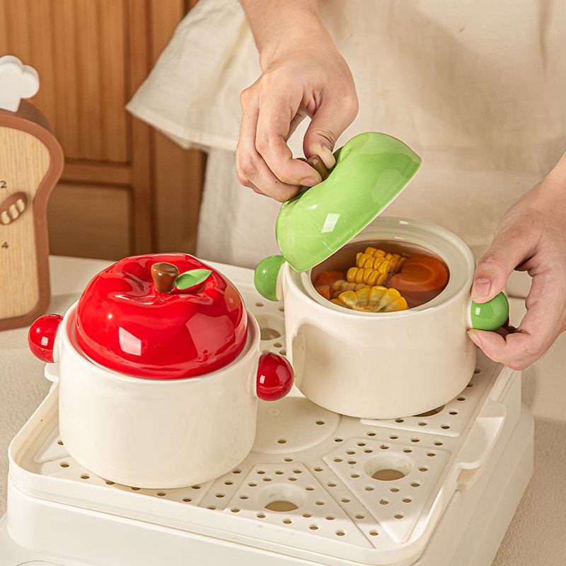 High-Quality Apple-Shaped Ceramic Stew Pot with Double Handles and Lid, Household Water-Isolation Stew Pot for Bird's Nest, Desserts, and Baby Food