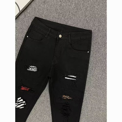 Multi-Element Spliced Hole Patched Stretchy Slim-Fit American-style High-Street Denim Pants for Men and Women