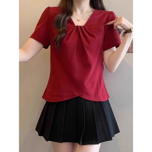 Summer Plus Size Oversized Women's Fashion Design V-Neck Asymmetrical Shoulder Slim Short Sleeve T-Shirt Top