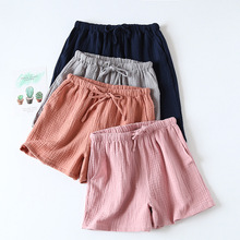 简约日系夏季薄款短裤绉布纯棉睡裤女士五分裤双层纱布全棉家居裤