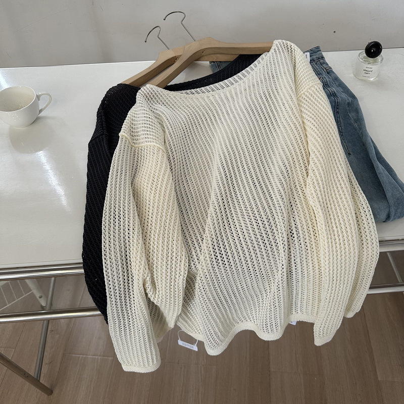 Blogger Recommended Hollow-Out Long-Sleeve Thin T-Shirt for Women, Summer Style, Knitted Fishnet, Lazy Style, Casual Outerwear Top