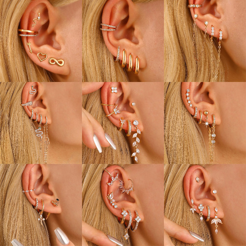 European and American ins leaf ear bone pin ear clip earrings luxury high-end sense female chain stack small exquisite earrings 