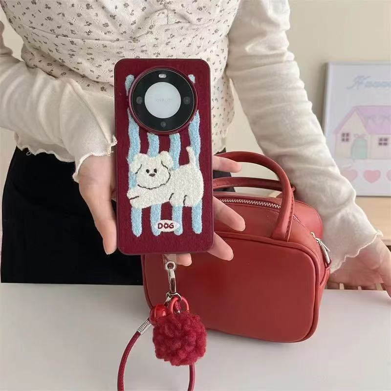 红底蓝竖纹小狗适用苹果16手机壳15pro全包14pro防摔1413保护套新