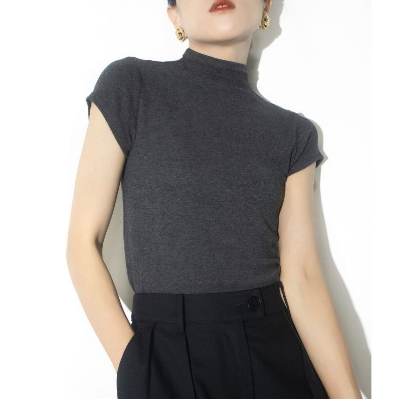 Four Seasons Wearable Classic Half-turtleneck Sleeve Top High Elastic Slim Fit Pit Thin Black T-Shirt Women