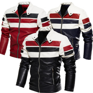 Cross-Border Men's Jacket 2020 New Men's Motorcycle Jacket Color Matching Pu Jacket Same Style Plus Velvet Leather Jacket Men's Large Size