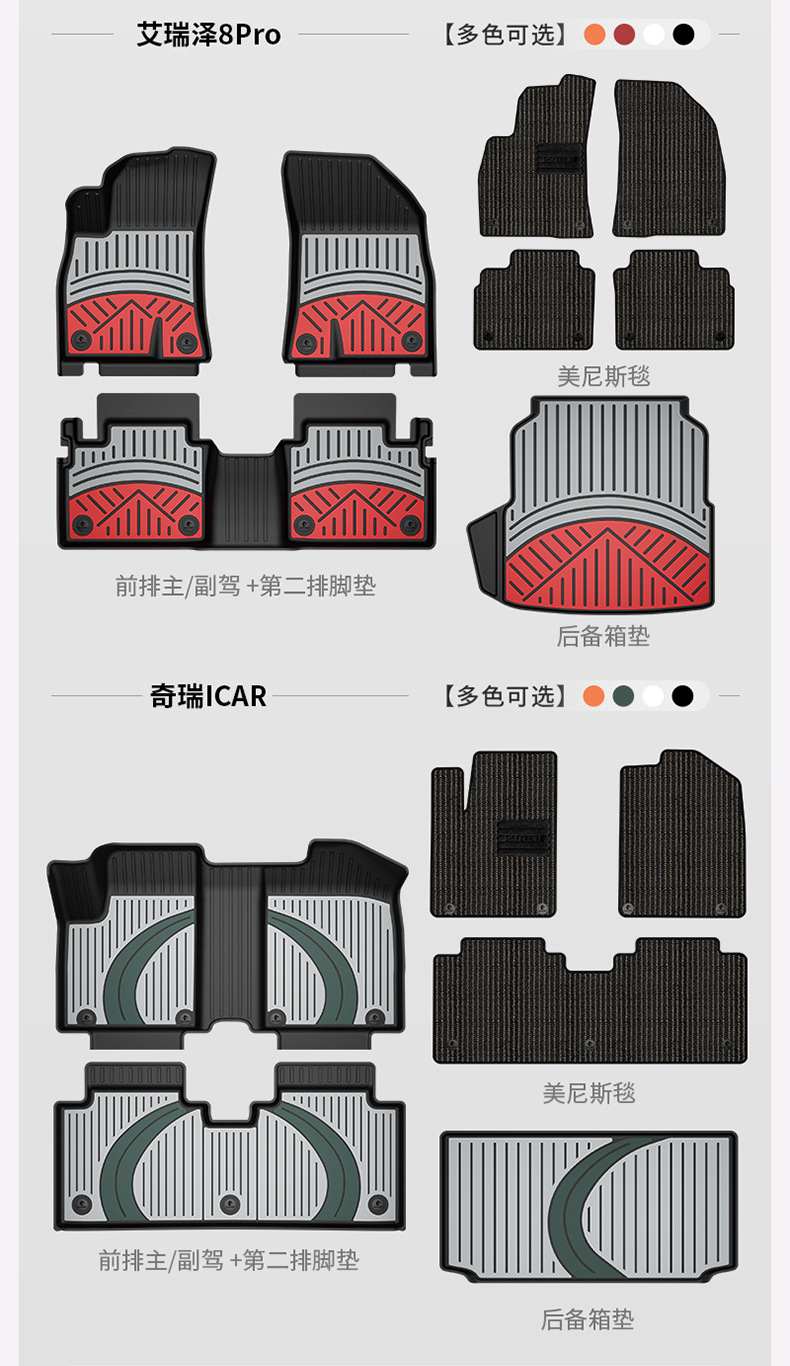 Suitable for Chery Tiggo 8, Arrizo 8, iCAR V23, special colorful TPE car floor mats and trunk mat