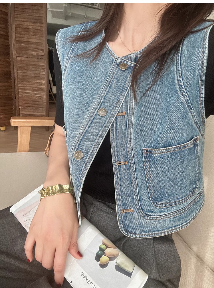 Áo vest denim nữ ngắn tay rộng rãi phong cách thời trang xuân hè — Xanh denim chi tiết 7