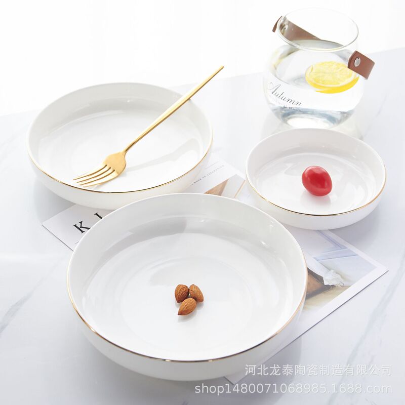 Tangshan Bone China Nest Plate Handmade Gold-inlaid Ceramic Deep Disc Spaghetti Hotel Round Salad Plate Printable logo