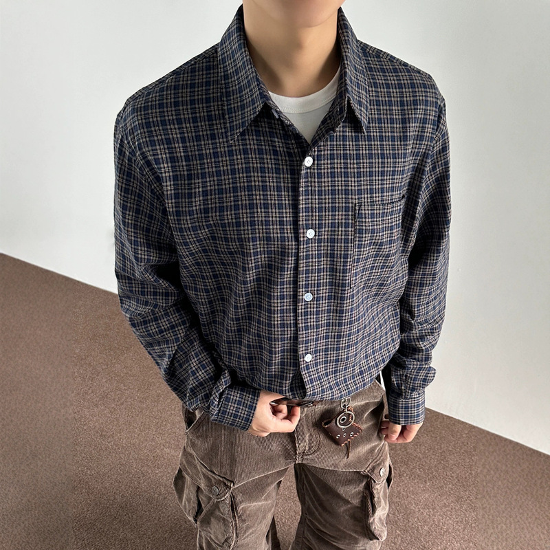 American-style gray-miu casual dark blue plaid color-blocked commuter long-sleeve shirt for men, versatile loose-fitting shirt for women American-style gray-miu casual dark blue plaid color-blocked commuter long-sleeve shirt for men, versatile loose-fitting shirt for women