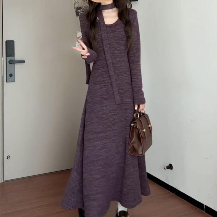 紫色法式v领毛衣针织连衣裙子女秋季2025新款配大衣内搭打底长裙|undefined