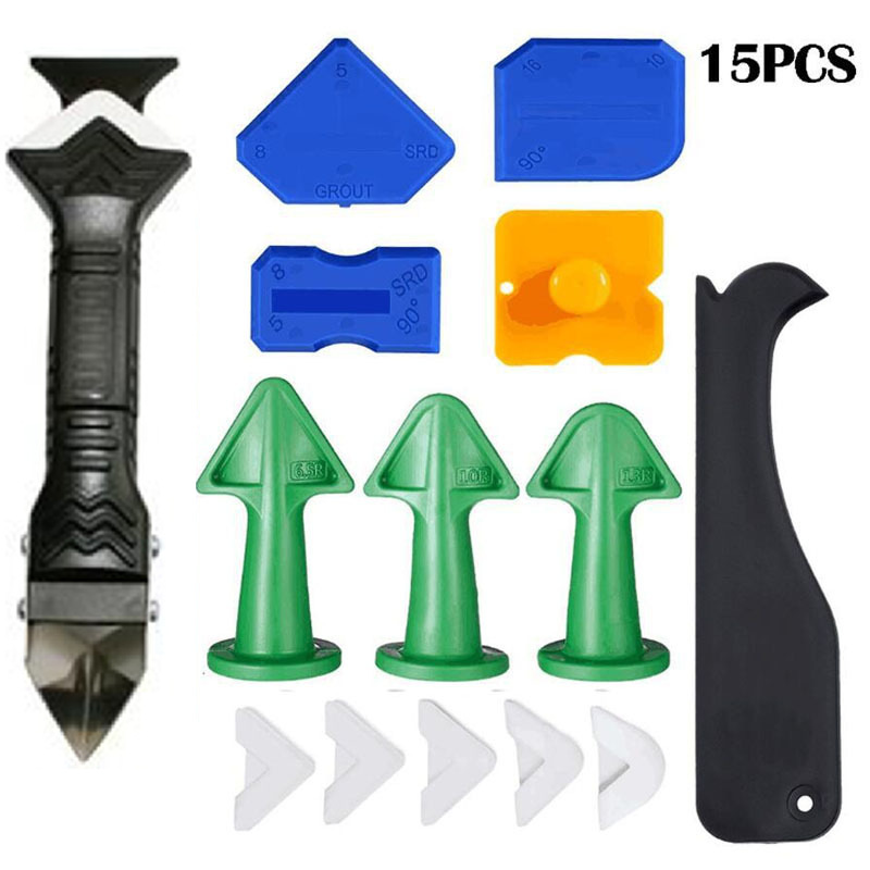 15件套3合1金属刮刀阴阳角刮板胶嘴硅胶密封填缝喷嘴 美缝工具