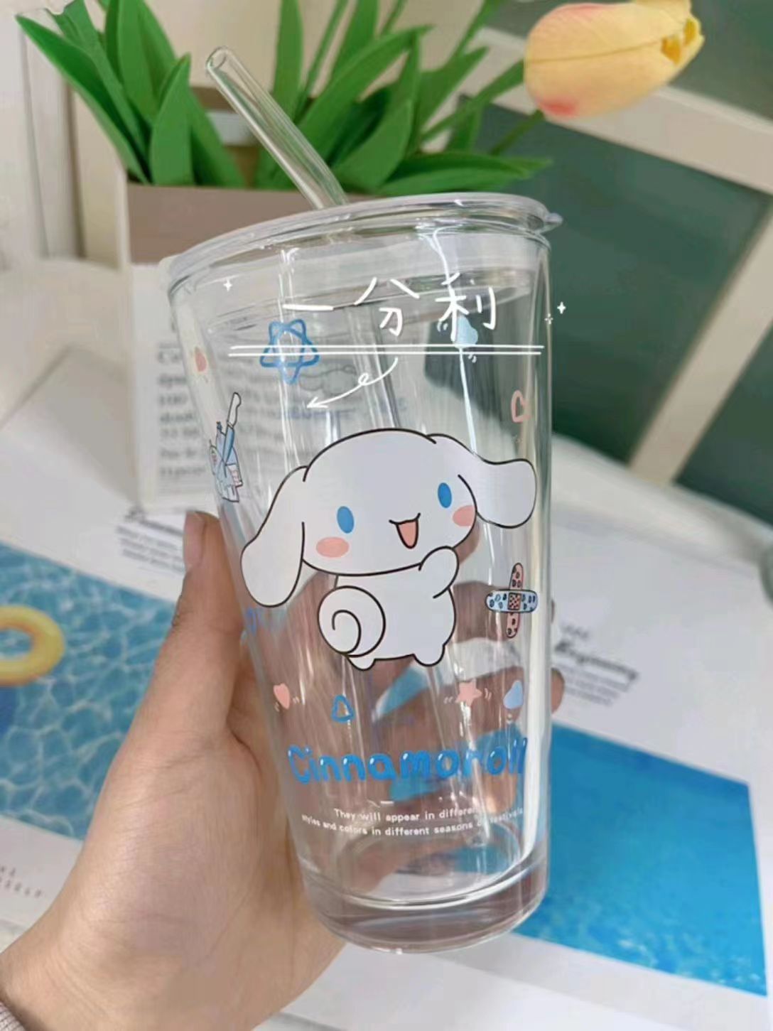 Sanrio vidrio red paja roja taza chica corazón escala taza de leche bebida jugo INS estilo leche taza de té con tapa
