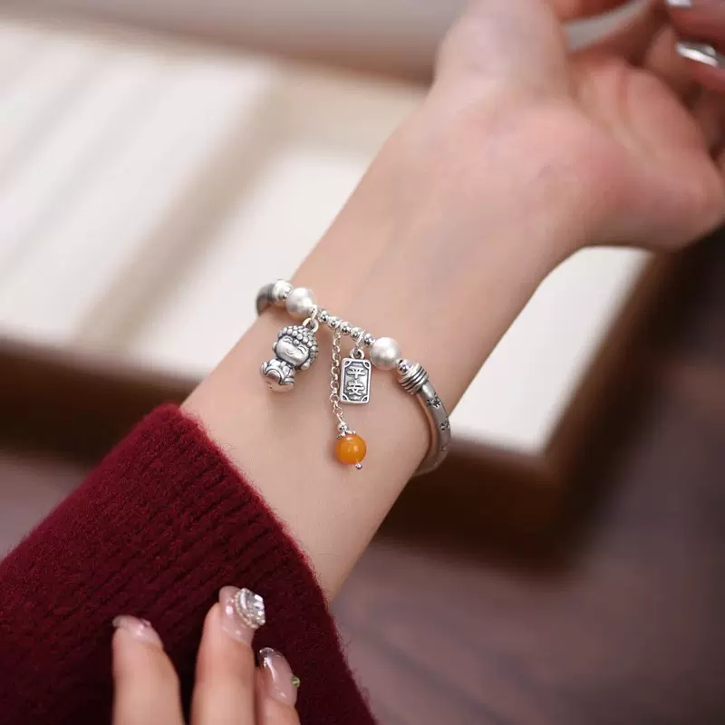 小众设计平安佛手链女新中式国风百搭饰品弹力手镯弯管手串礼物