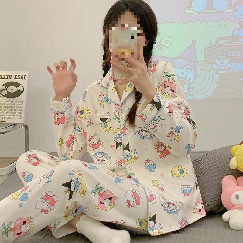 ピンクガールガール長袖クラウドコットンベア 24 漫画パジャマ女性の春と秋の大きいサイズのホームウェアパジャマ|undefined
