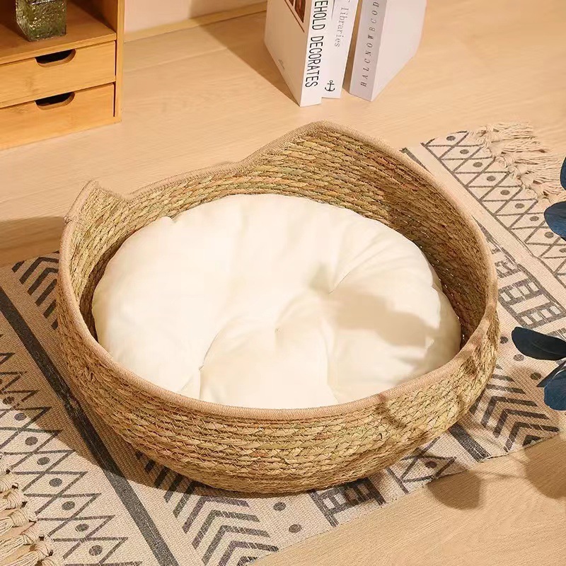 고양이 얼굴 카키 네스트 + 화이트 쿠션