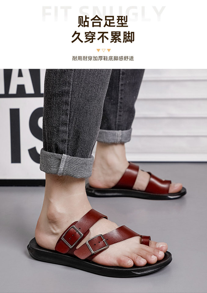 Dép xỏ ngón nam siêu sợi thoáng khí đế bằng phong cách Hàn Quốc — màu đen, Đỏ nâu chi tiết 11