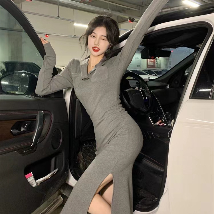 Fall/Winter 2022 Waist Slim-fit Slim-fit Slimming Hooded Pleated Split Dress Long Sleeve Hip Inner Base Skirt