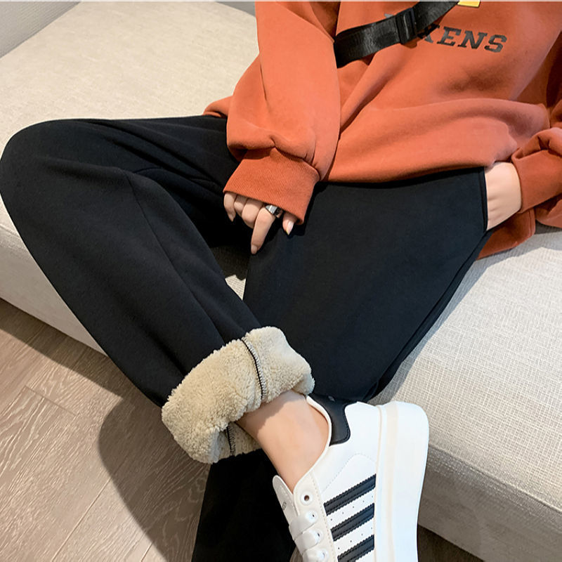 加绒运动裤女加厚外穿黑色羊羔绒卫裤子秋冬季哈伦宽松束脚休闲裤