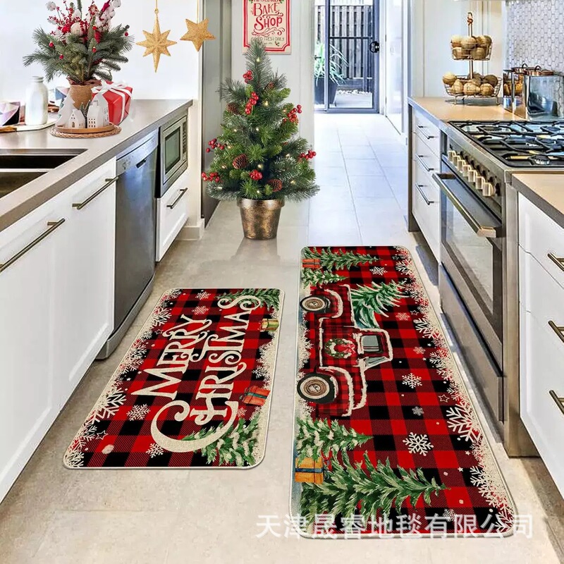 Amazon Christmas Kitchen Floor Mat Two-Piece Set Christmas Eve Decoration Entrance Door Mat Non-Slip Absorbent Foot Mat