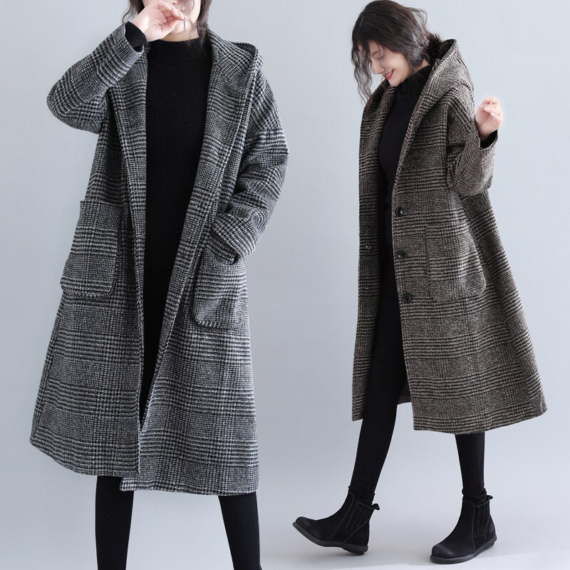 2026 Autumn and Winter Women's New Houndstooth Pattern Korean Style Plus Size Loose Slimming Versatile Long Woolen Coat Trench Coat