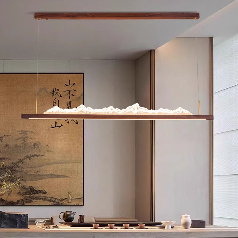 黑胡桃木餐厅吊灯一字长条中国风禅意简约高级感新中式山水茶室灯
