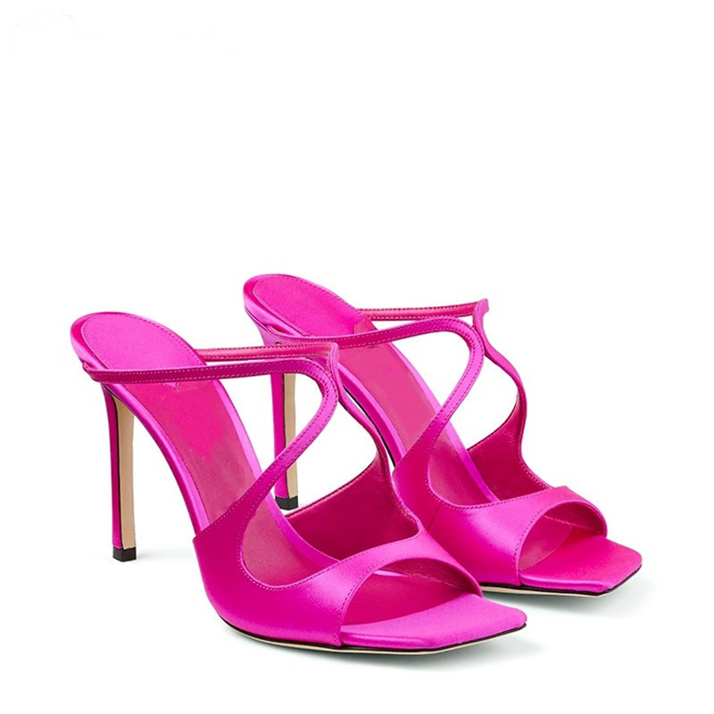 2024 summer foreign trade new square head fish mouth super high heel cross strap slim heel large size back empty slippers for women