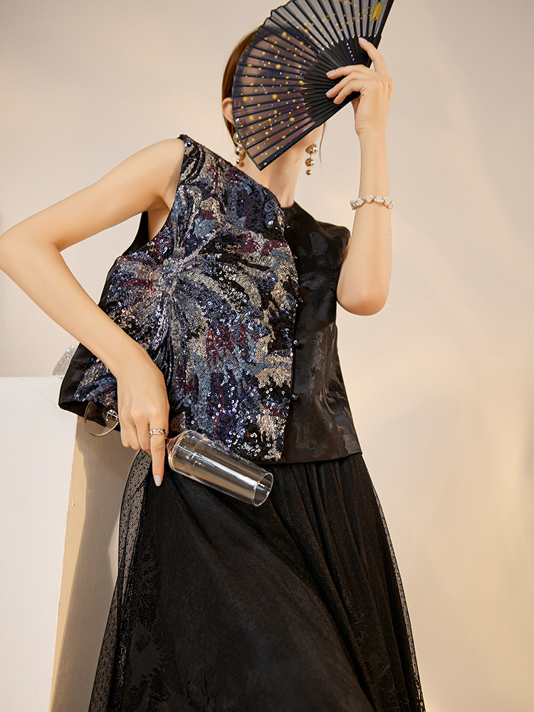 Áo vest nữ phong cách Trung Hoa mới 2026, thiết kế thêu sequin, chất rayon sang trọng — Đen, Màu huyền ảo, Xanh lam