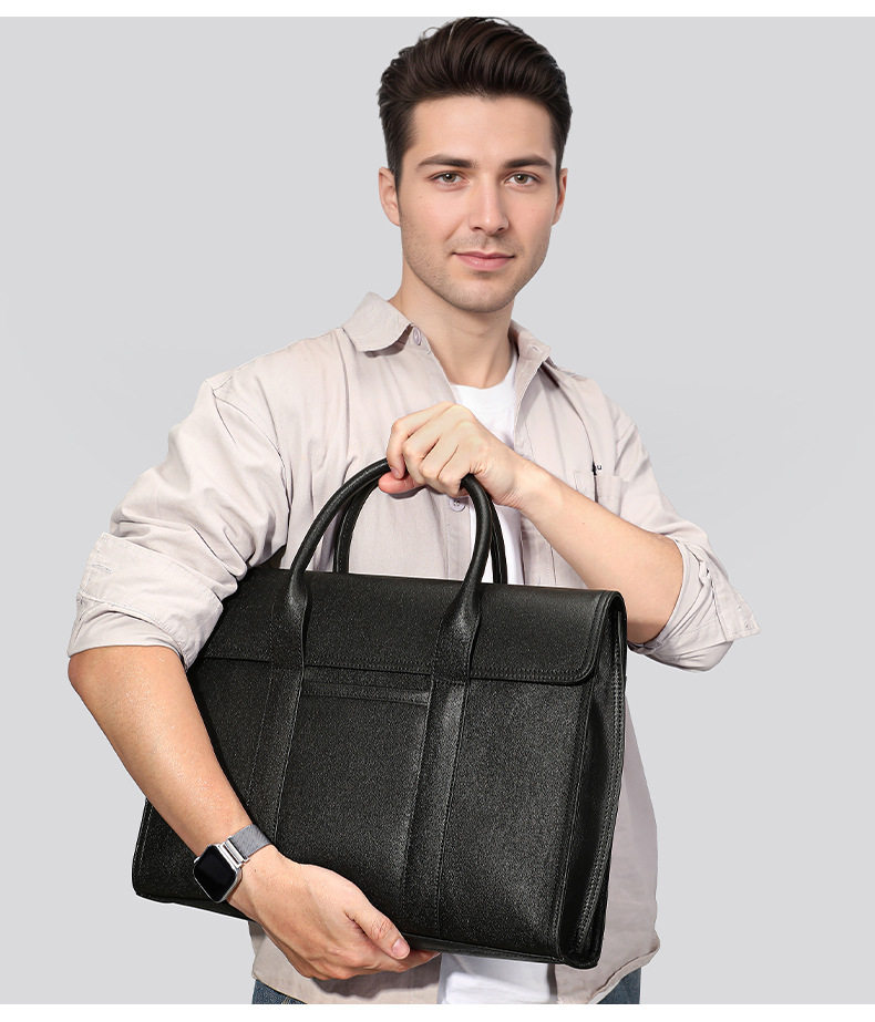 Túi xách tay nam da bò lớp đầu phong cách công sở dung tích lớn, cặp tài liệu đựng laptop 14 inch — màu đen, Hoa cầm tay màu đen chi tiết 10