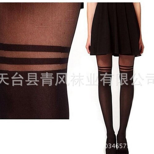 Spring College Style Striped Splicing Socks Fake High-Top Tights Fake Thigh-High Stockings Base Silk Stockings Black Horizontal Stripes