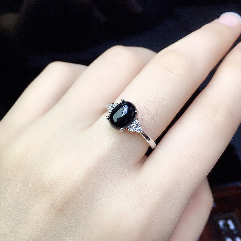New High-end Black Onyx Gemstone Ring Women's Silver Loose Mouth Adjustable Ring Cool Style Simple Personality