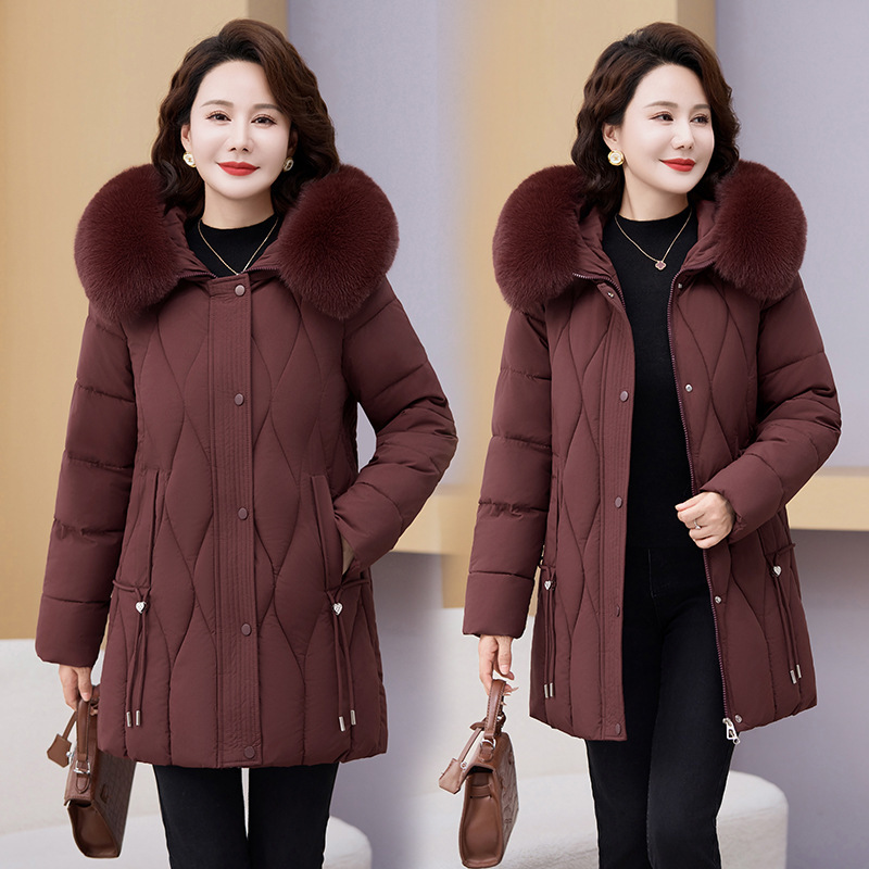 Ropa de mujer de mediana edad, abrigo de algodón de invierno, madres jóvenes vestidas con cuello de cabello grande, chaqueta de algodón gruesa media y larga image 1