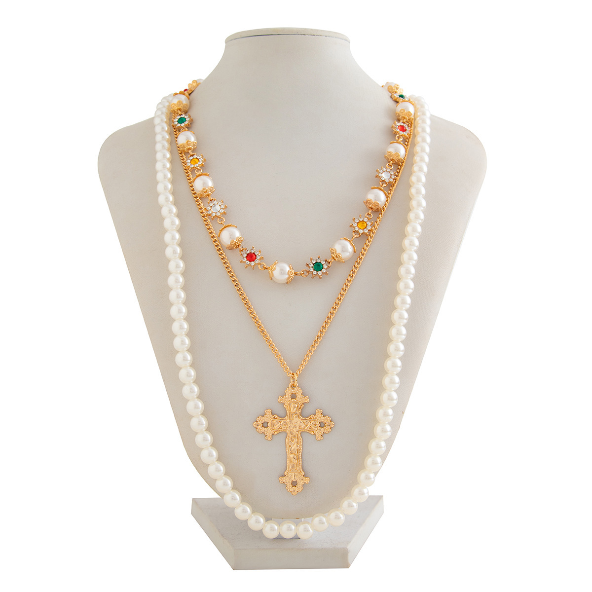 Collier Multirang Femme Avec Pendentif Croix Et Cœurs Strass_voghion.com
